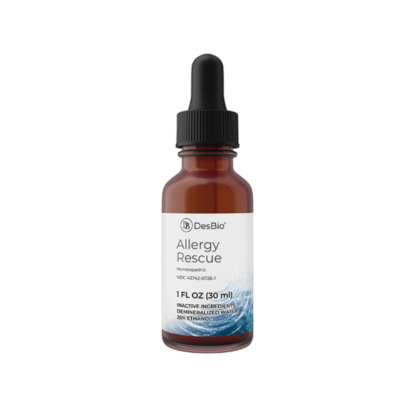 Allergy Rescue desbio in a 1 fl oz glass dropper bottle, showing product label