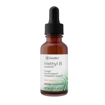 DesBio Liposomal Methyl B in 1oz amber glass dropper bottle showing product and label