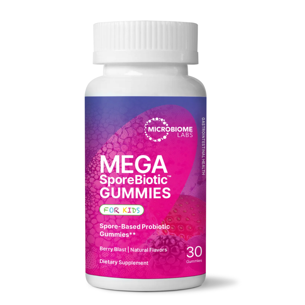 MegaSporeBiotic Gummies for Kids product showing bottle and product label
