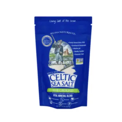 Celtic sea salt in a zipper pouch showing product label