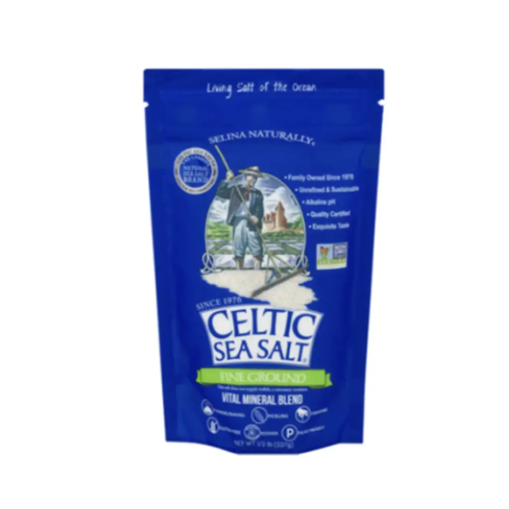 Celtic sea salt in a zipper pouch showing product label