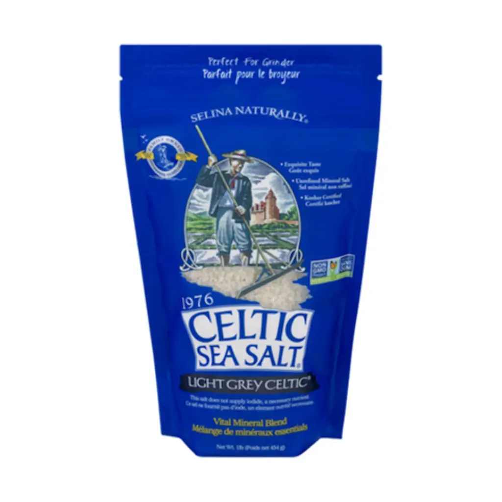 Light grey Celtic Sea Salt in a zipper pouch showing product label