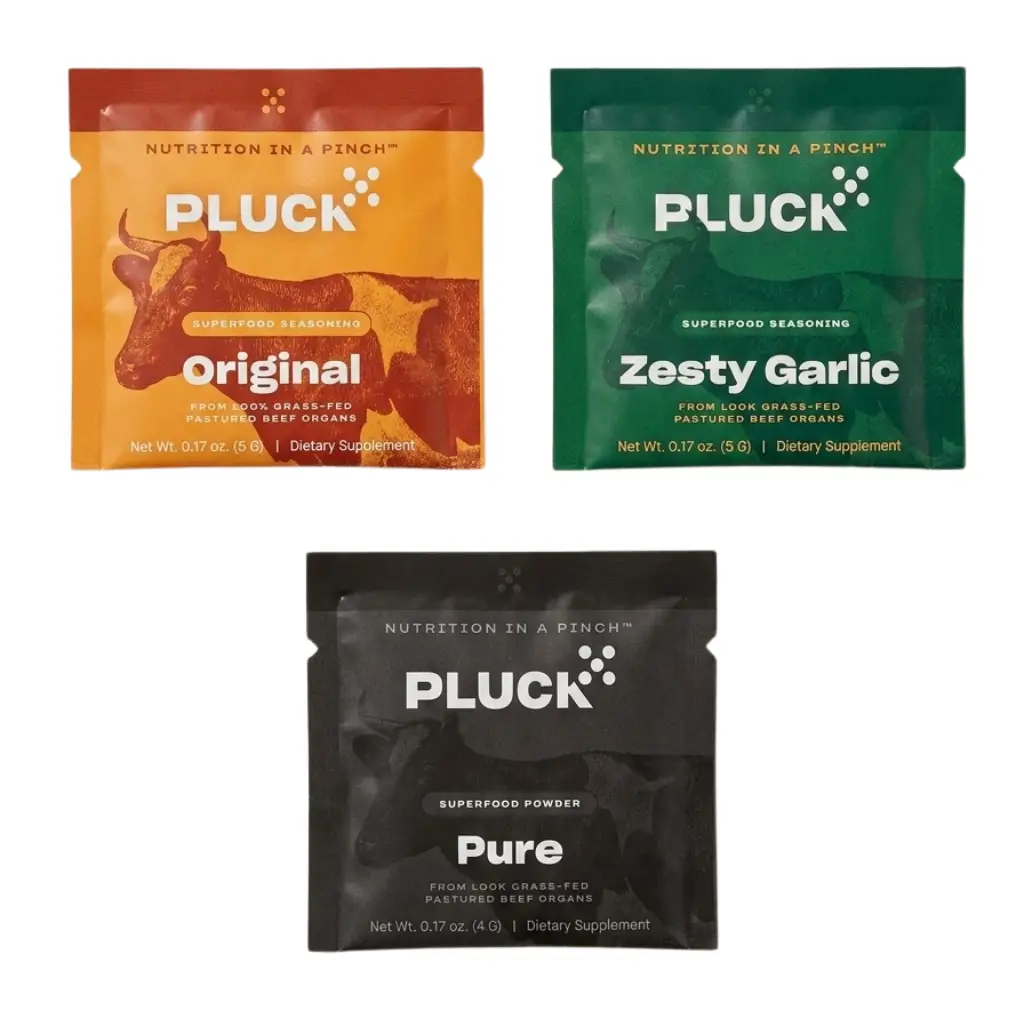 Pluck packets, original zesty garlic and pure showing product packaging