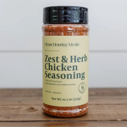 Clean Monday Meals Zest & Herb Chicken Seasoning on a kitchen counter