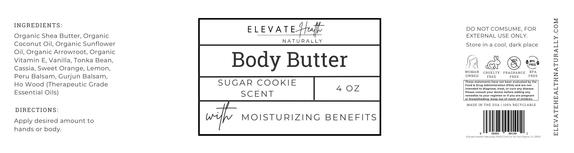 Body Butter-Sugar Cookie 4 oz short glass jar screw top lid product label