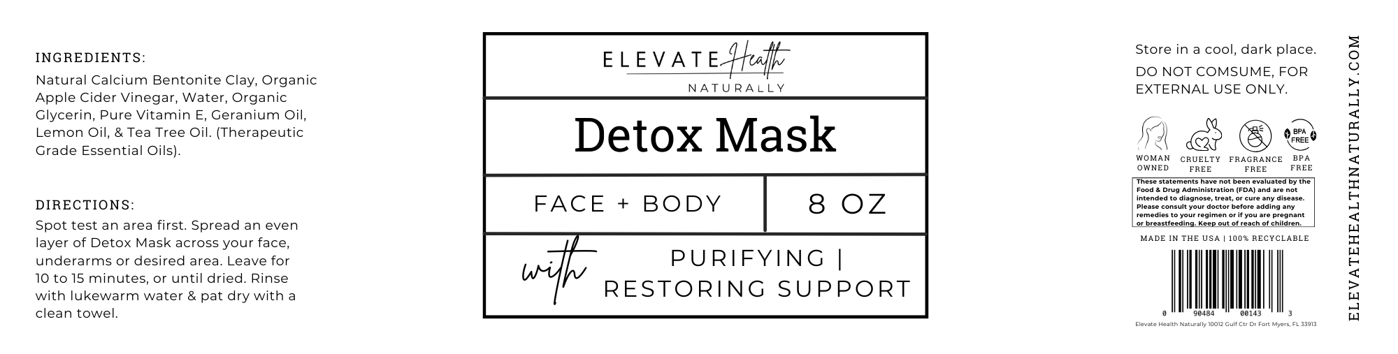 Detox Mask 8 oz short glass jar screw top lid product label