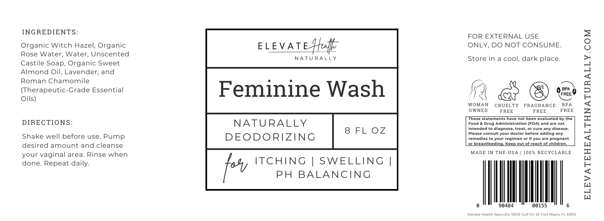 Feminine Wash 8oz glass amber bottle product label