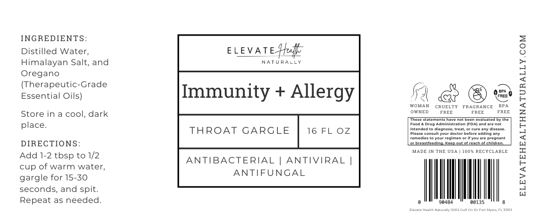 Immunity + Allergy Throat Gargle 16oz glass amber bottle product label