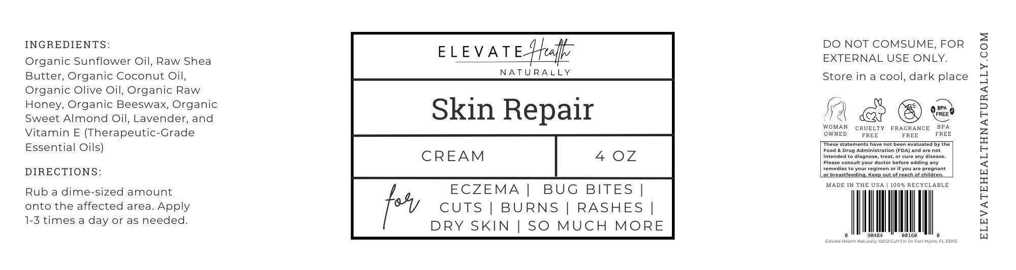 Skin Repair 4 oz short glass jar screw top lid product label