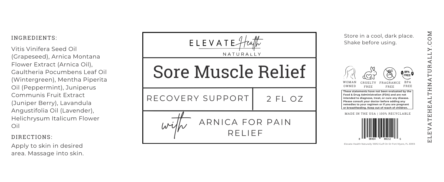 Sore Muscle Relief 2 oz amber glass spray top bottle product label