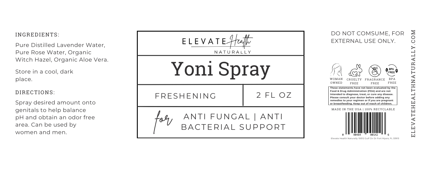 Yoni Spray 2 oz amber glass spray top bottle product label