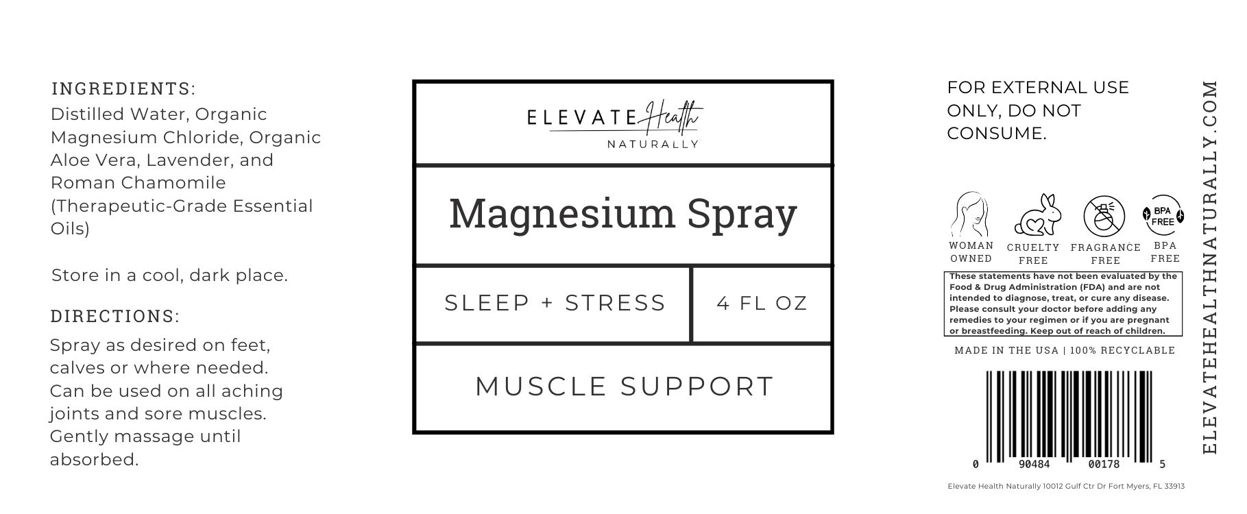 Magnesium Spray 4oz glass amber bottle product label