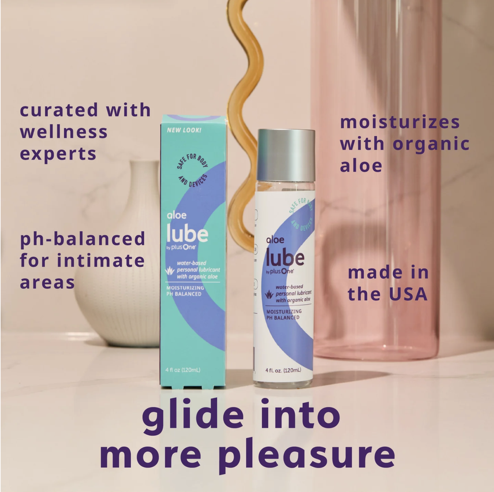 plusOne Aloe Glide Personal Lubricant on a table with captions explaining benefits