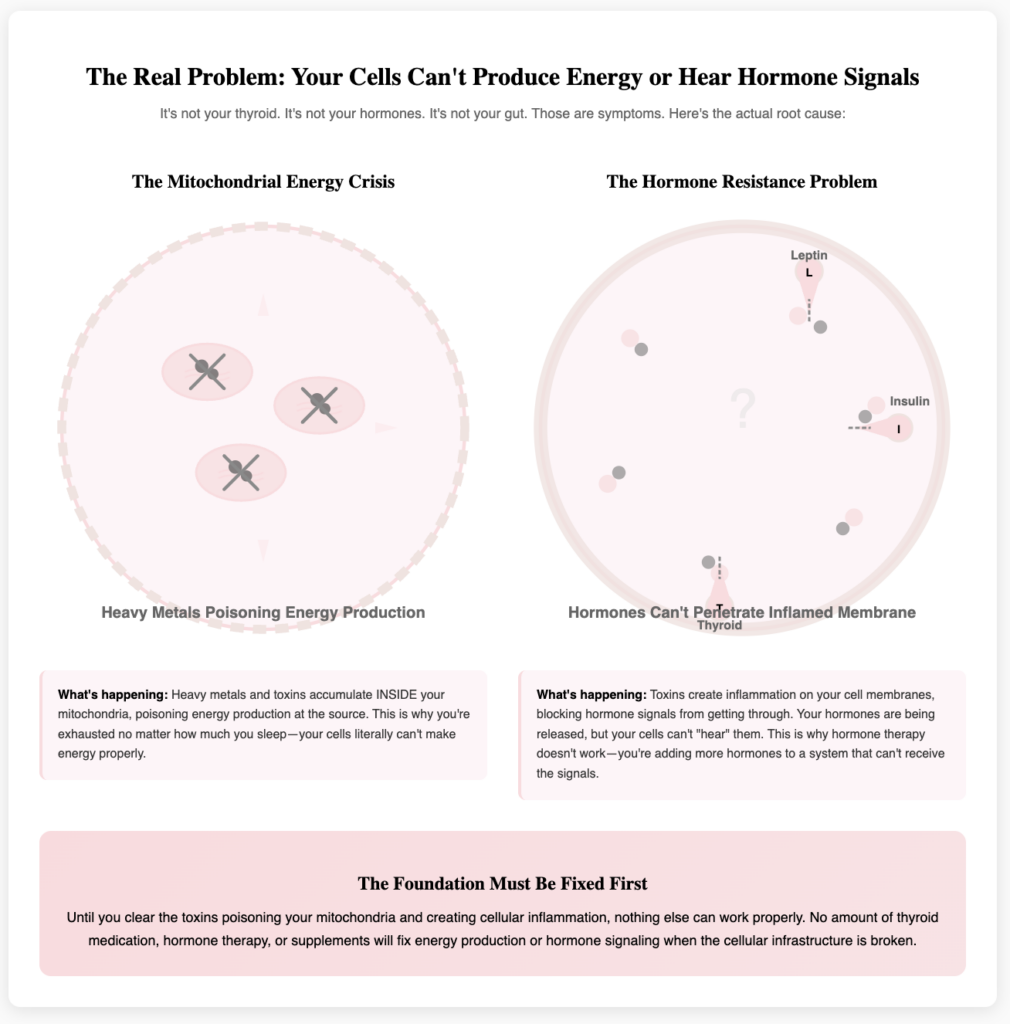 educational diagram showing both cellular dysfunctions side-by-side