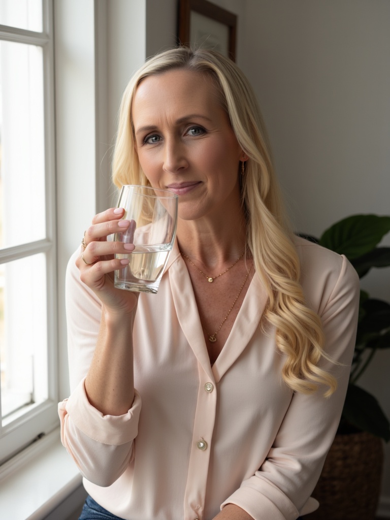 woman standing by window drinking glass of water