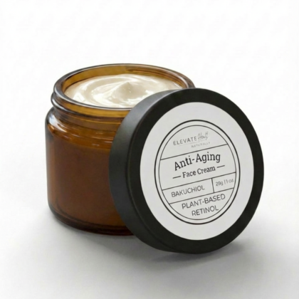 Anti -Aging Face Cream Bakuchiol with lid off showing product label and product consistency