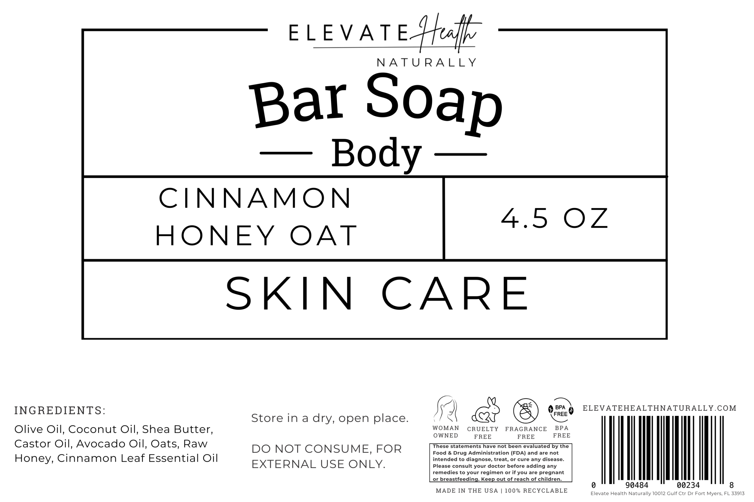 Bar Soap (Cinnamon Honey Oat) product label