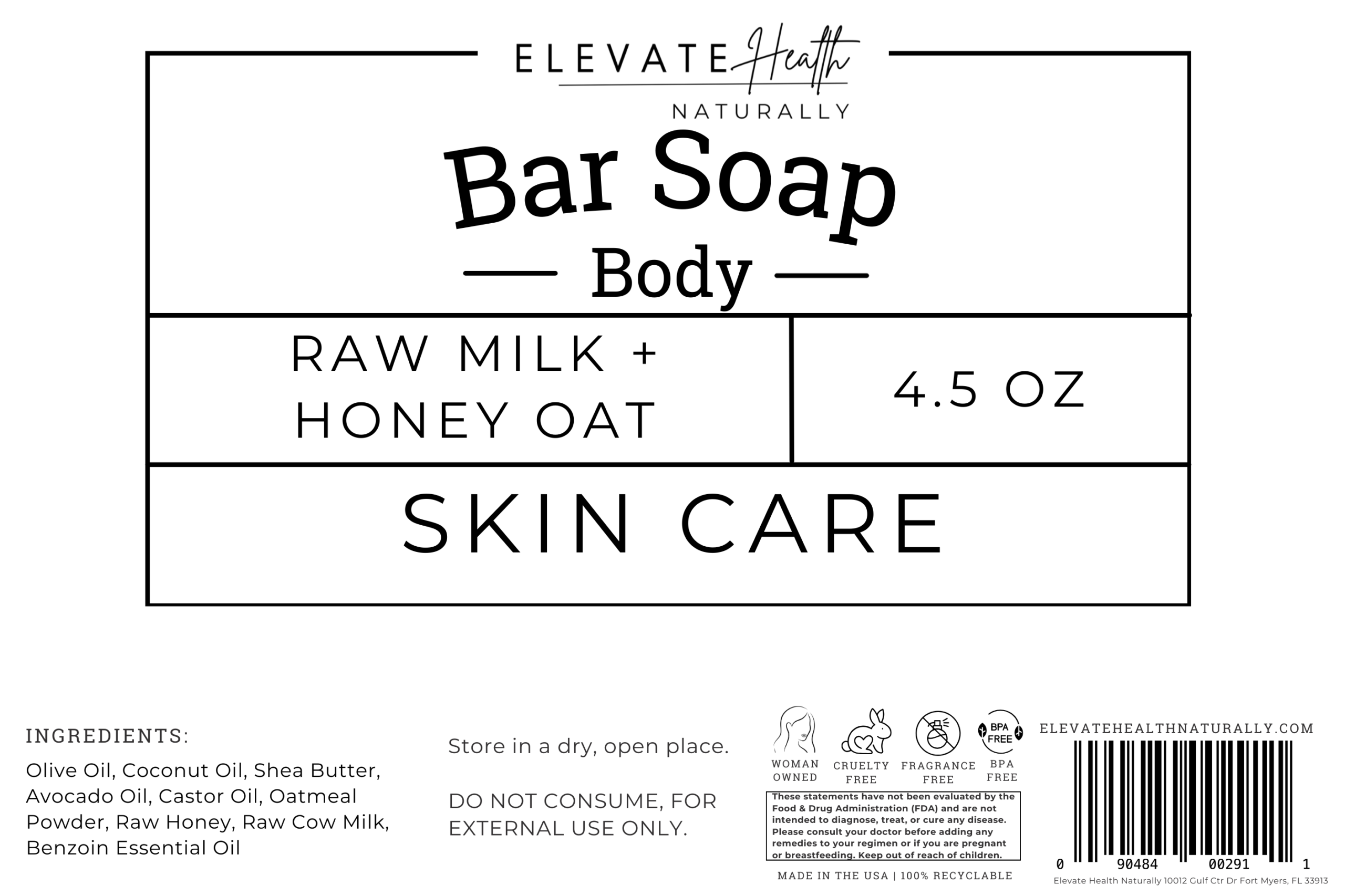 Bar Soap (Raw Milk + Honey Oat) product label