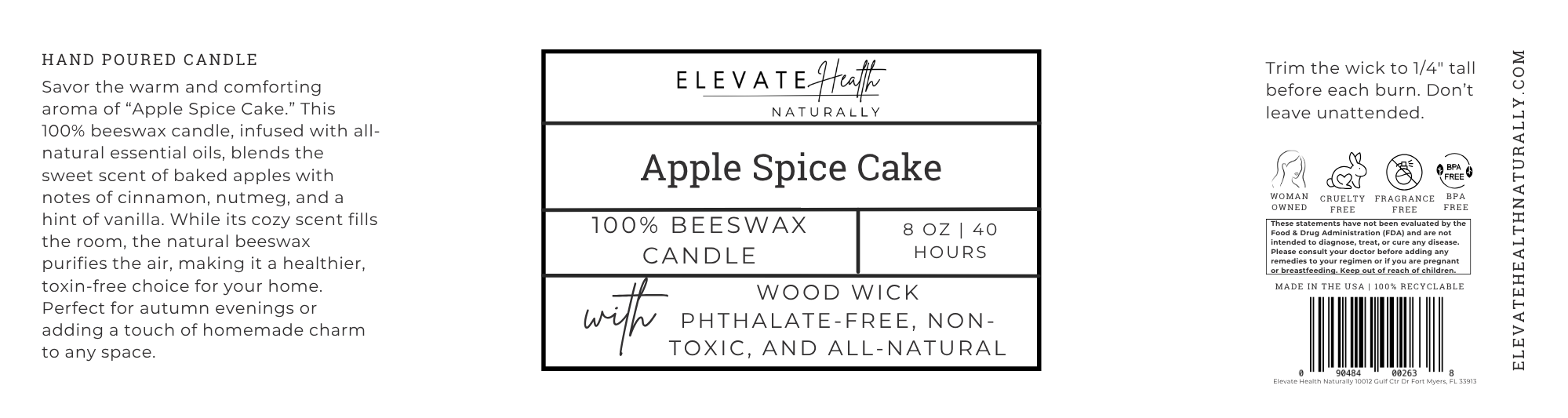 Beeswax Candle Apple Spice Cake 8oz short glass jar screw top lid product label