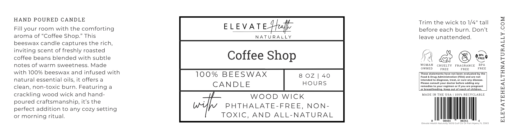 Beeswax Candle Coffee Shop 8oz short glass jar screw top lid product label