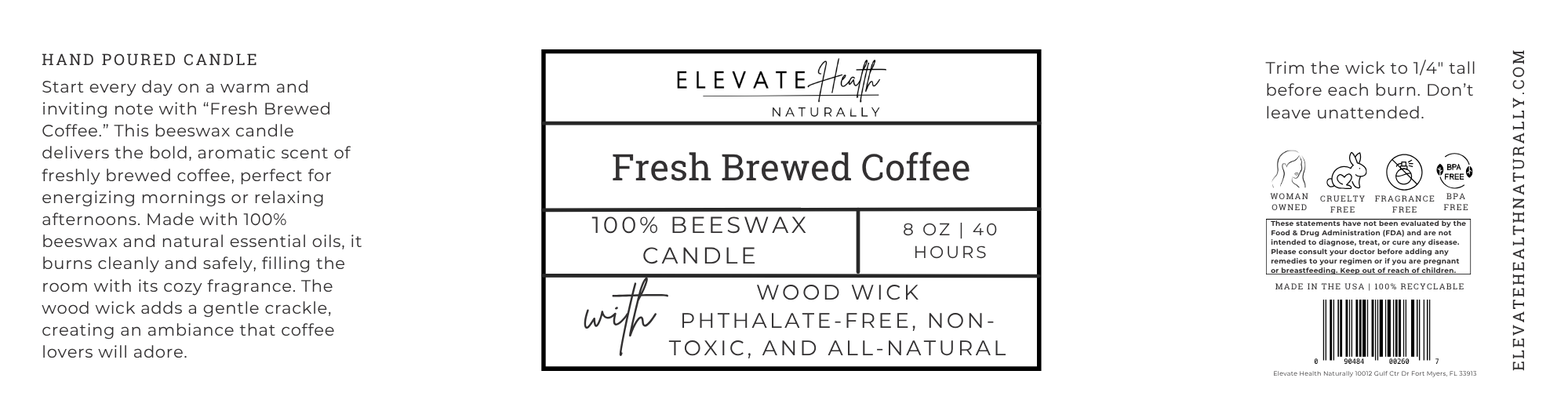 Beeswax Candle Fresh Brewed Coffee 8oz short glass jar screw top lid product label