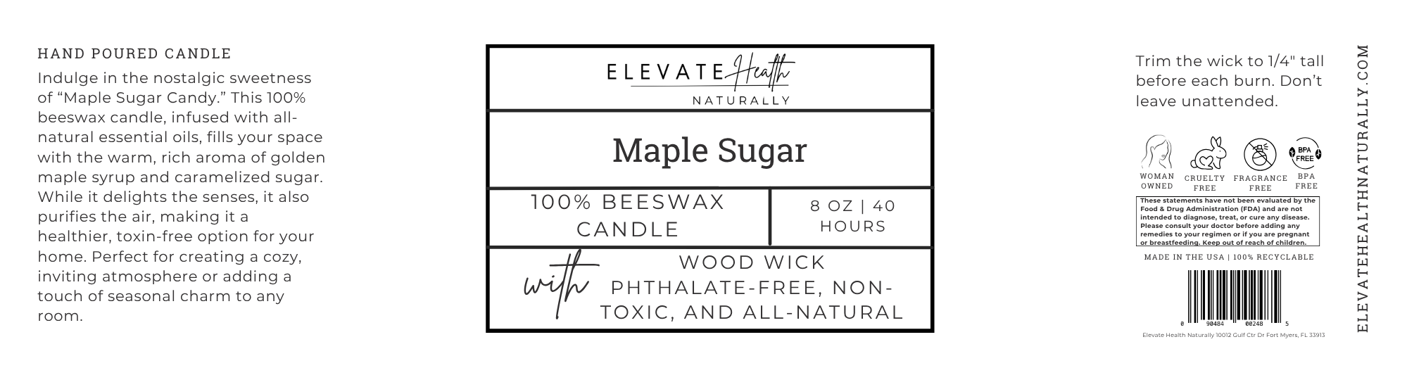 Beeswax Candle Maple Sugar 8oz short glass jar screw top lid product label