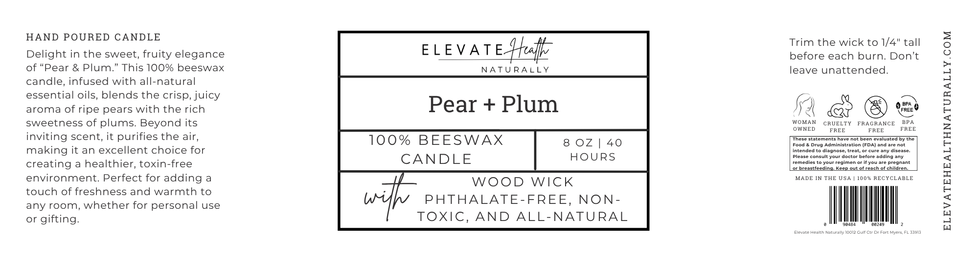 Beeswax Candle Pear + Plum 8oz short glass jar screw top lid product label