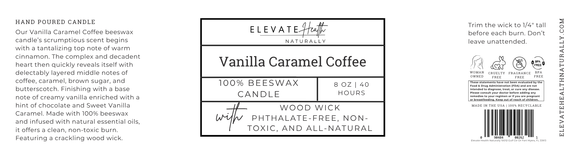 Beeswax Candle Vanilla Caramel Coffee 8oz short glass jar screw top lid product label