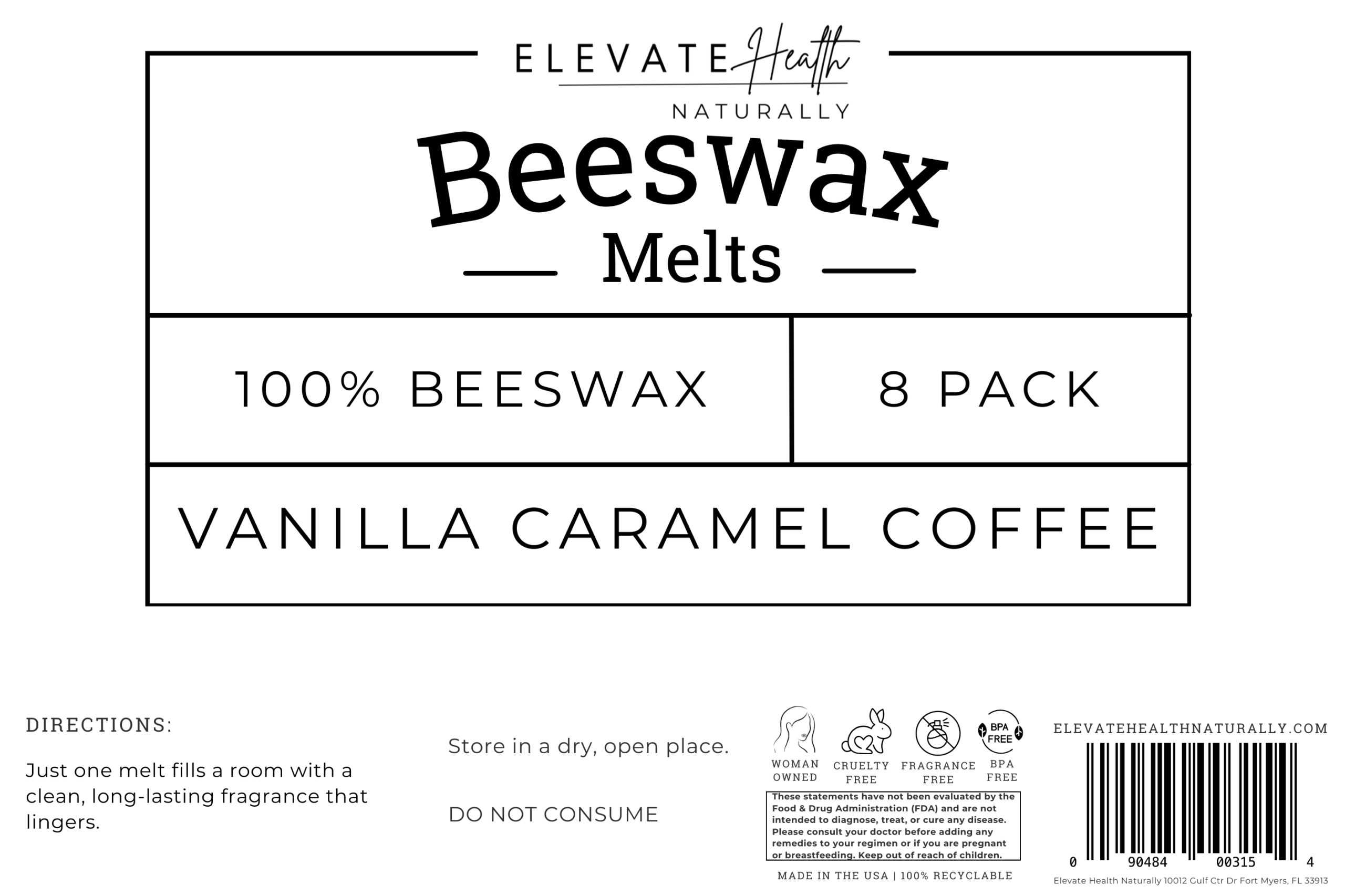 Beeswax Melts (Vanilla Caramel Coffee) product label