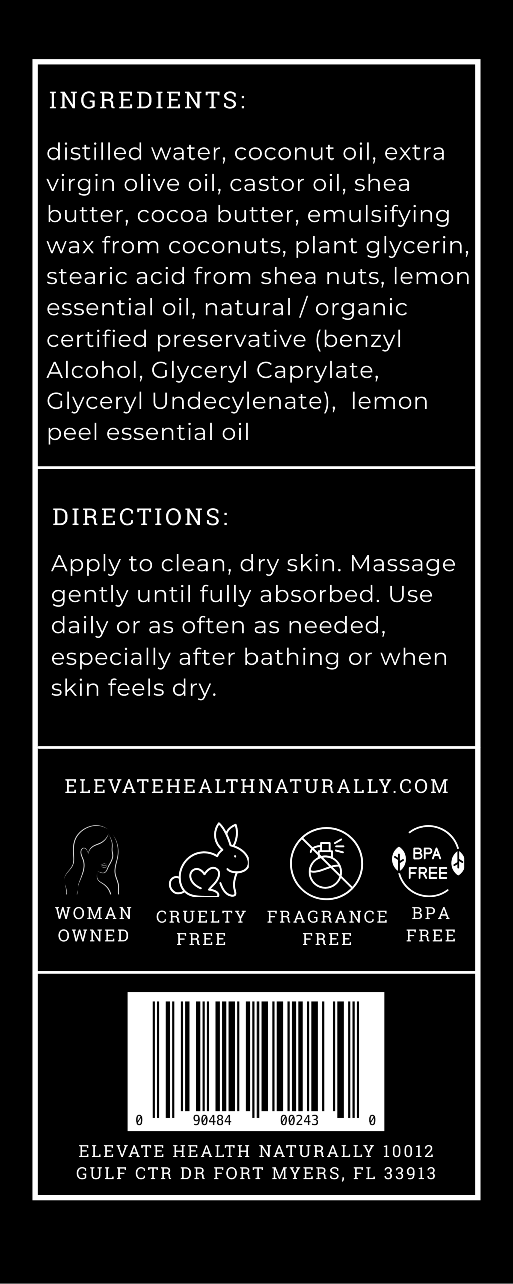 Body Lotion Lemon ingredient and directions label