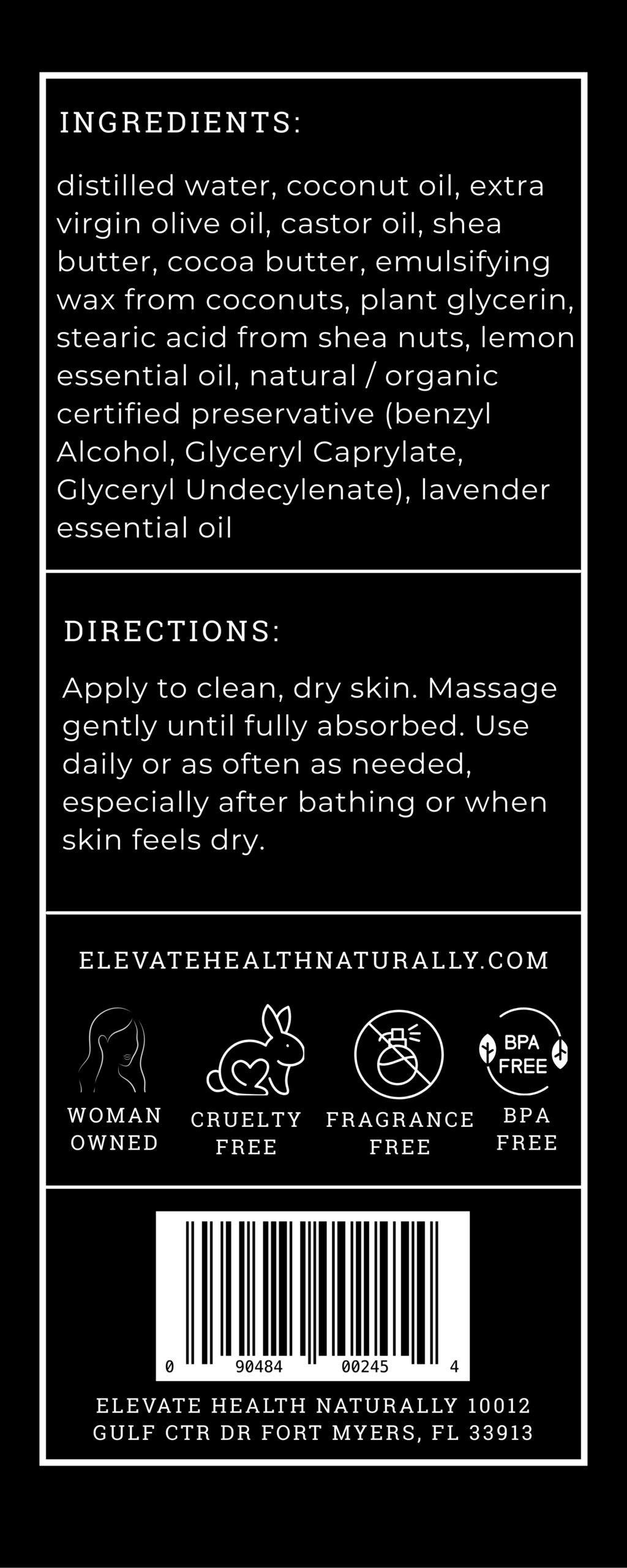 Body Lotion Lavender ingredient and directions label