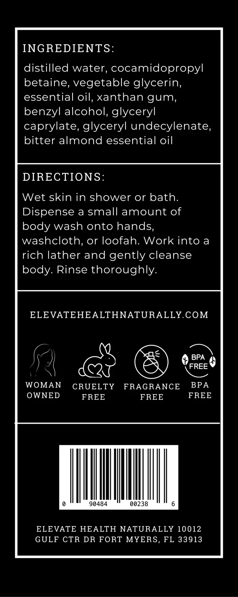 Body Wash Almond ingredient and direction label