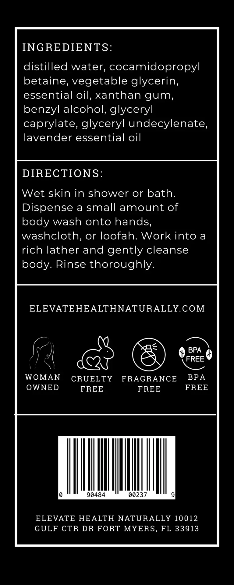 Body Wash Lavender ingredient and direction label