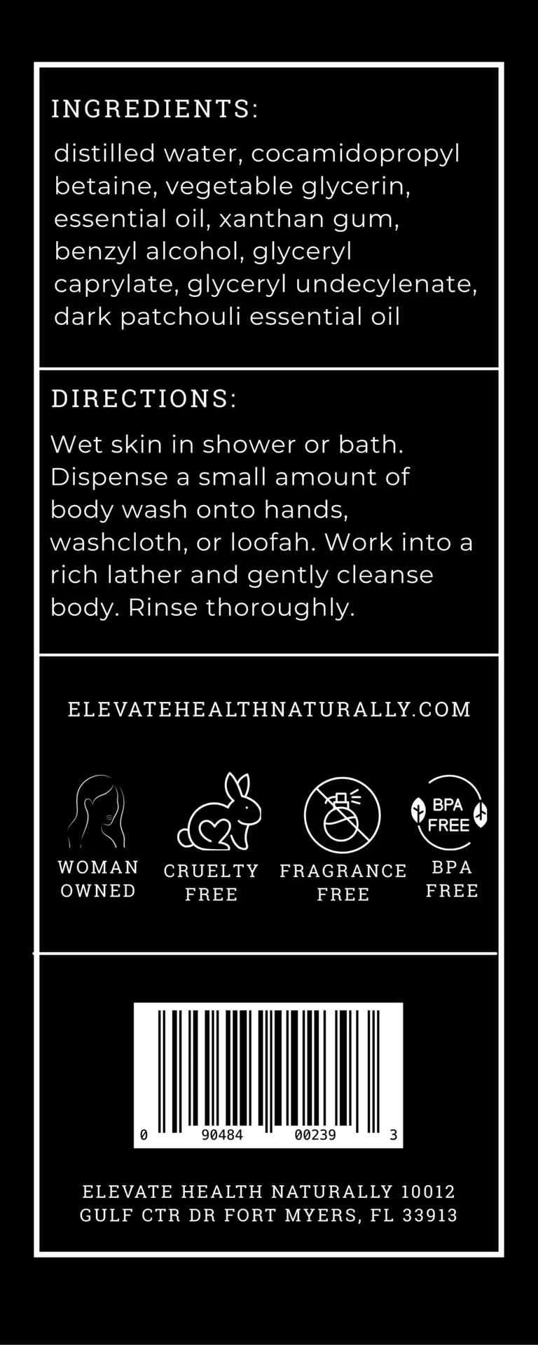 Body Wash Patchouli ingredient and direction label