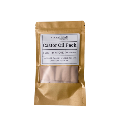 Castor Oil Pack Thyroid in a small paper pouch showing product label