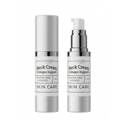 Neck Cream Collagen Support in a 1oz pump top container showing the product label with cap on and cap off