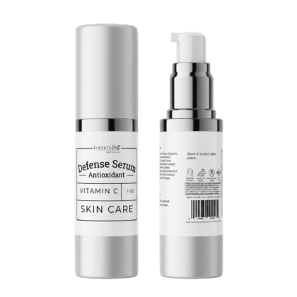 Vitamin C Antioxidant Defense Serum in a 1oz pump top container with cap on and cap off