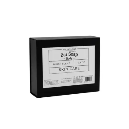 bar soap blush scent in black cardboard box showing product label