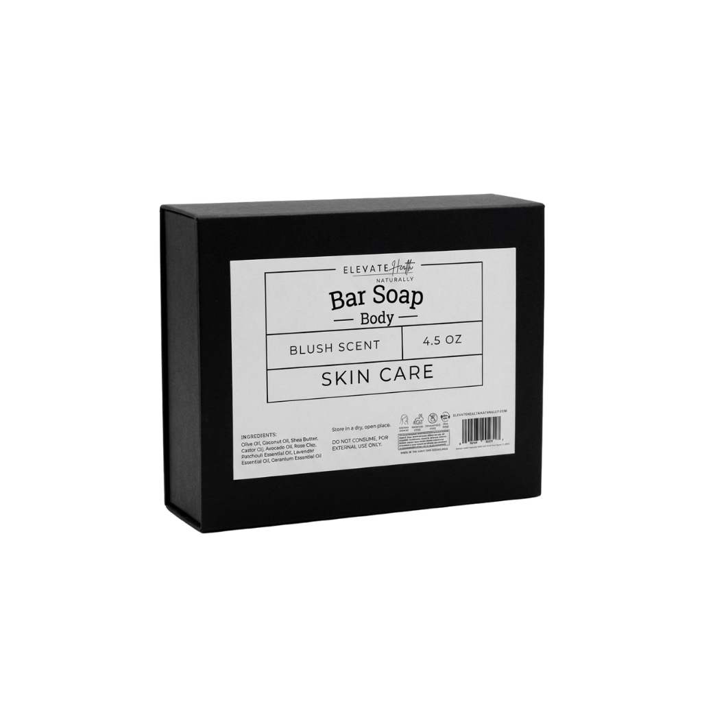 bar soap blush scent in black cardboard box showing product label