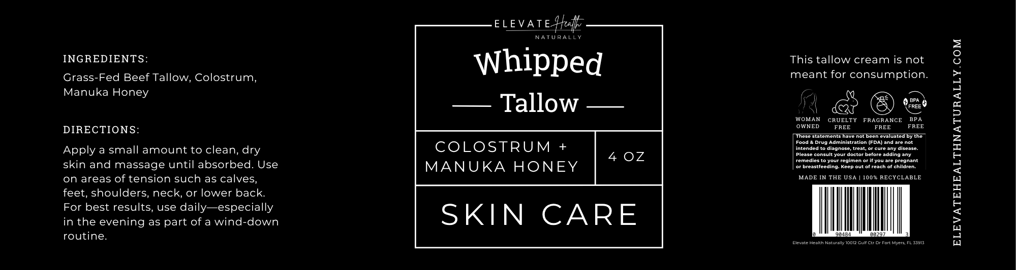Whipped Tallow Colostrum + Manuka Honey product label