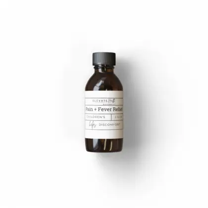 Children's Pain + Fever Relief in a 2oz amber glass bottle showing the product label