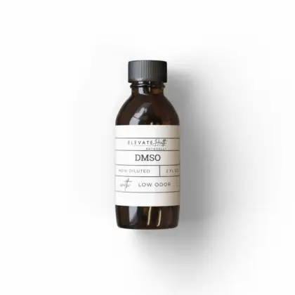 DMSO in a 2oz amber glass bottle showing product label