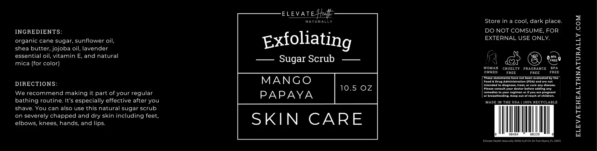 Exfoliating Sugar Scrub (Mango Papaya) product label