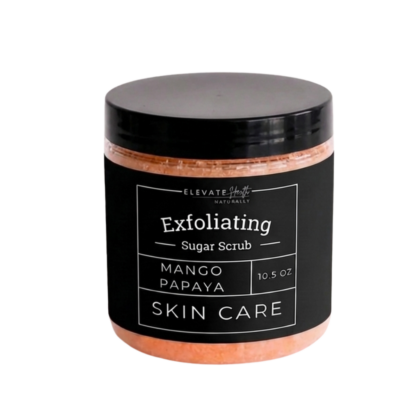Exfoliating Sugar Scrub Mango Papaya in a 10oz container showing the product label