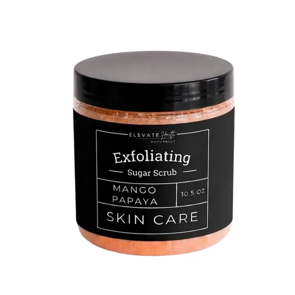 Exfoliating Sugar Scrub Mango Papaya in a 10oz container showing the product label