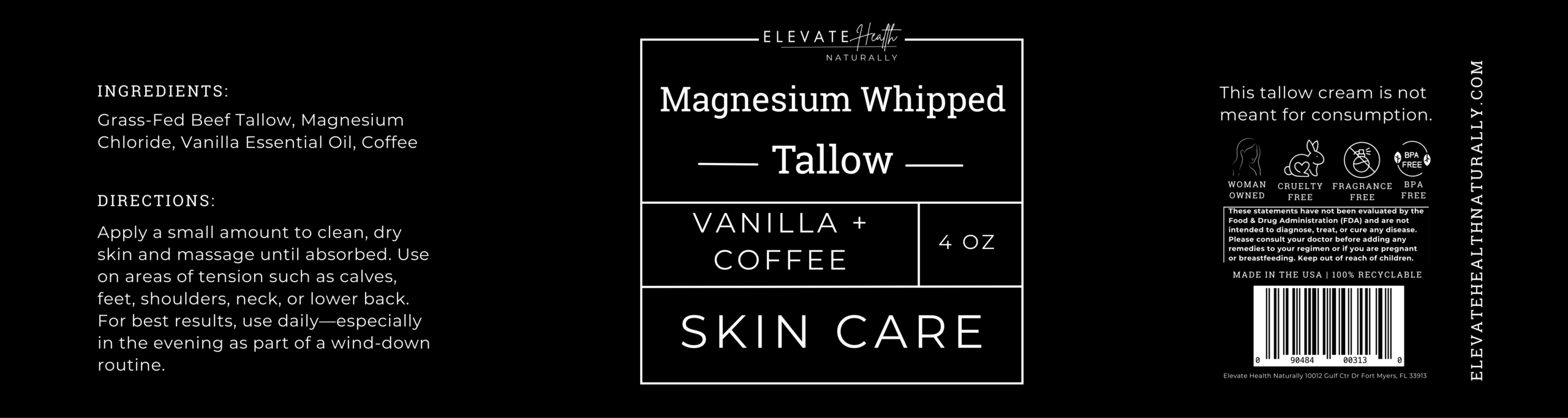 Magnesium Whipped Tallow (Vanilla + Coffee) product label