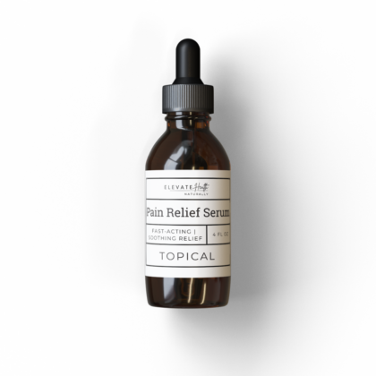 Pain Relief Serum in a 4oz amber glass bottle with dropper top showing the product label