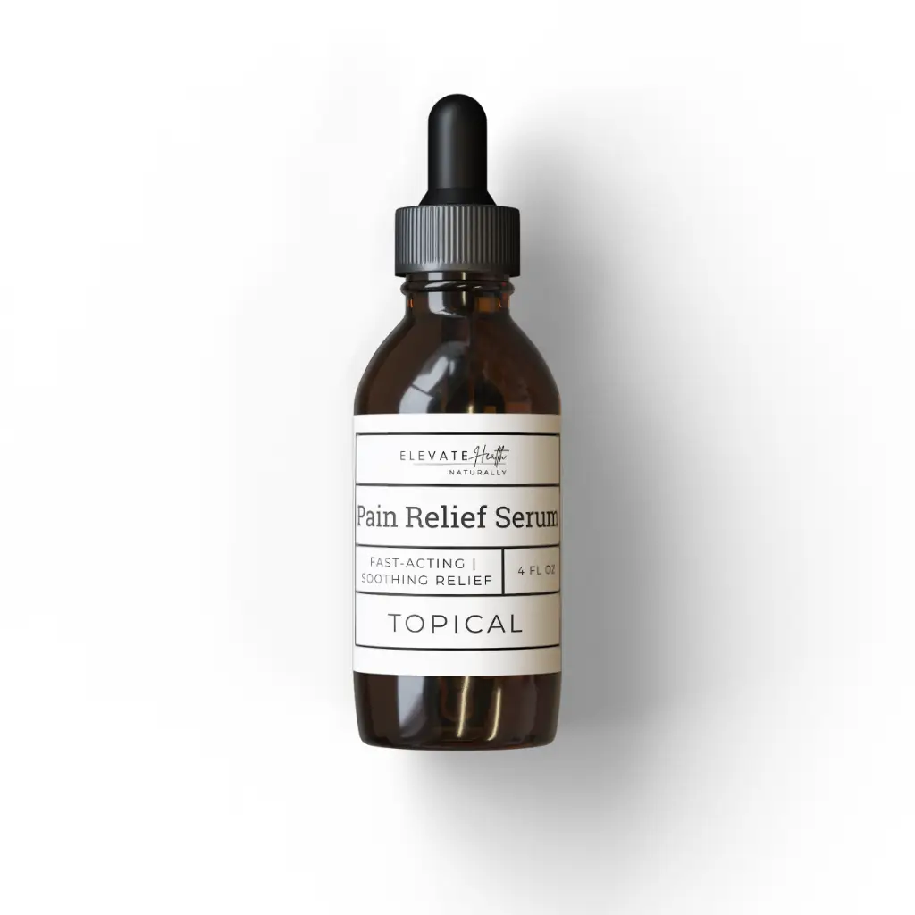 Pain Relief Serum in a 4oz amber glass bottle with dropper top showing the product label