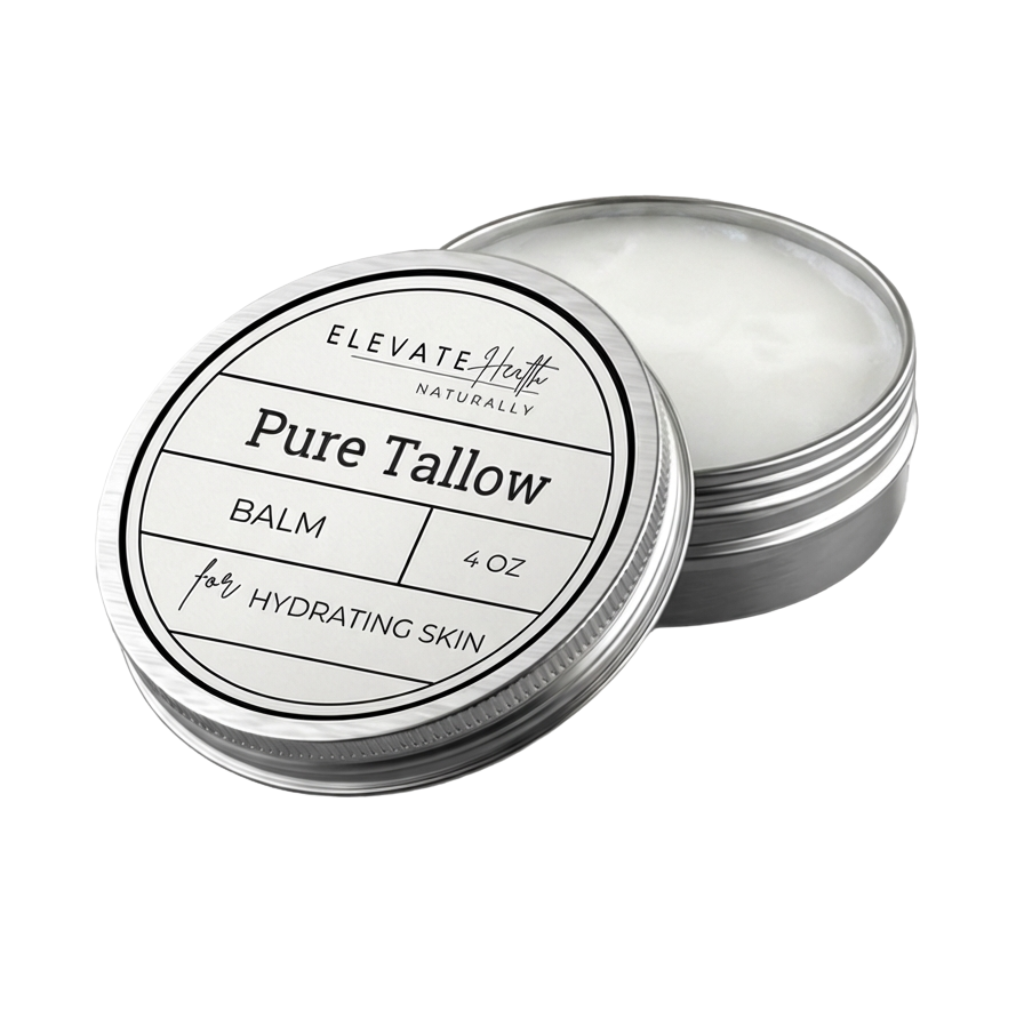 Pure Tallow in a 4oz tin with twist on lid showing the product and product label