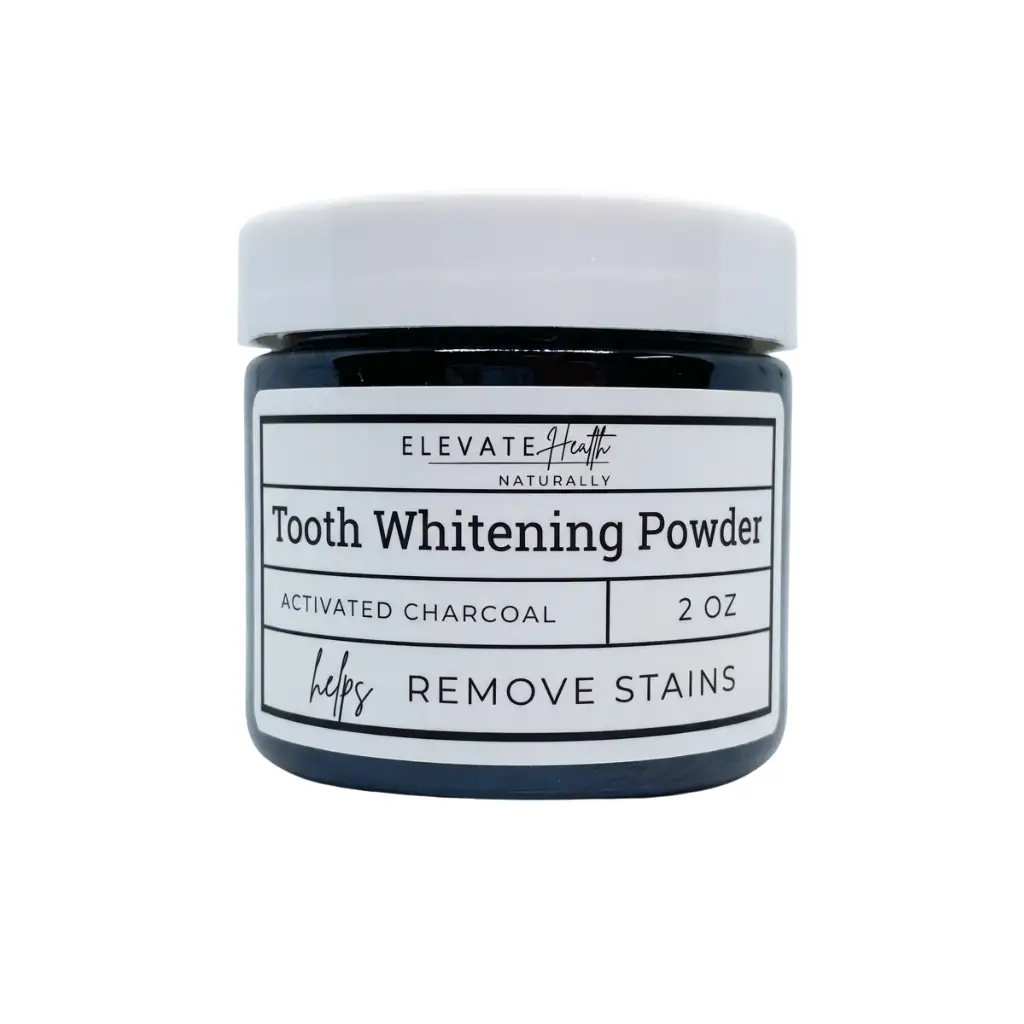 Tooth Whitening Powder in a 4oz glass jar showing the product label